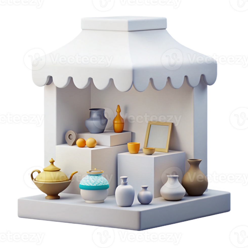 3D Rendered Miniature Shop with Assorted Ceramics png