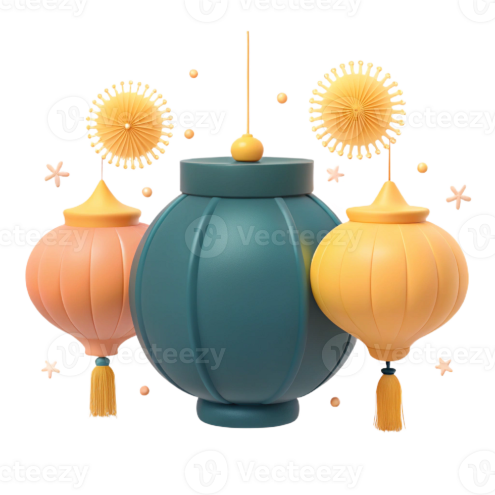 3D Render of Decorative Lanterns with Tassels and Abstract Patterns png