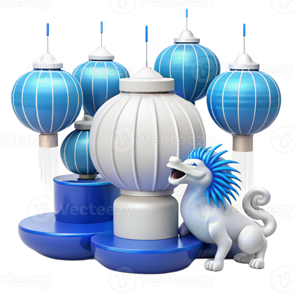White Animal Figurine with Blue Lanterns and Platforms png