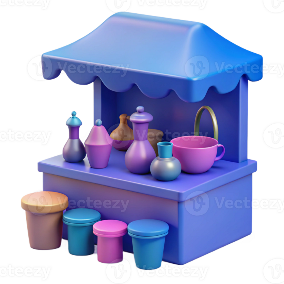3D Render of a Colorful Market Stall with Stools and Various Pots png