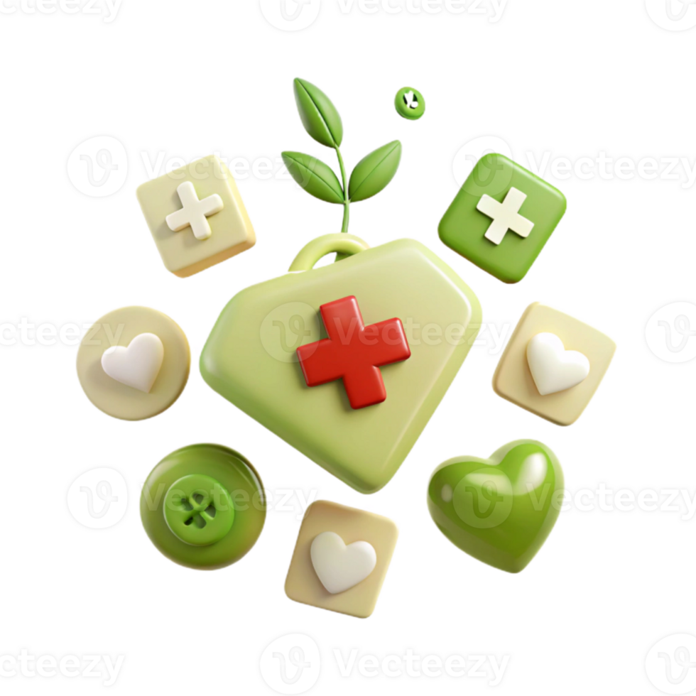 Green First Aid Kit with Hearts and Plus Symbols png