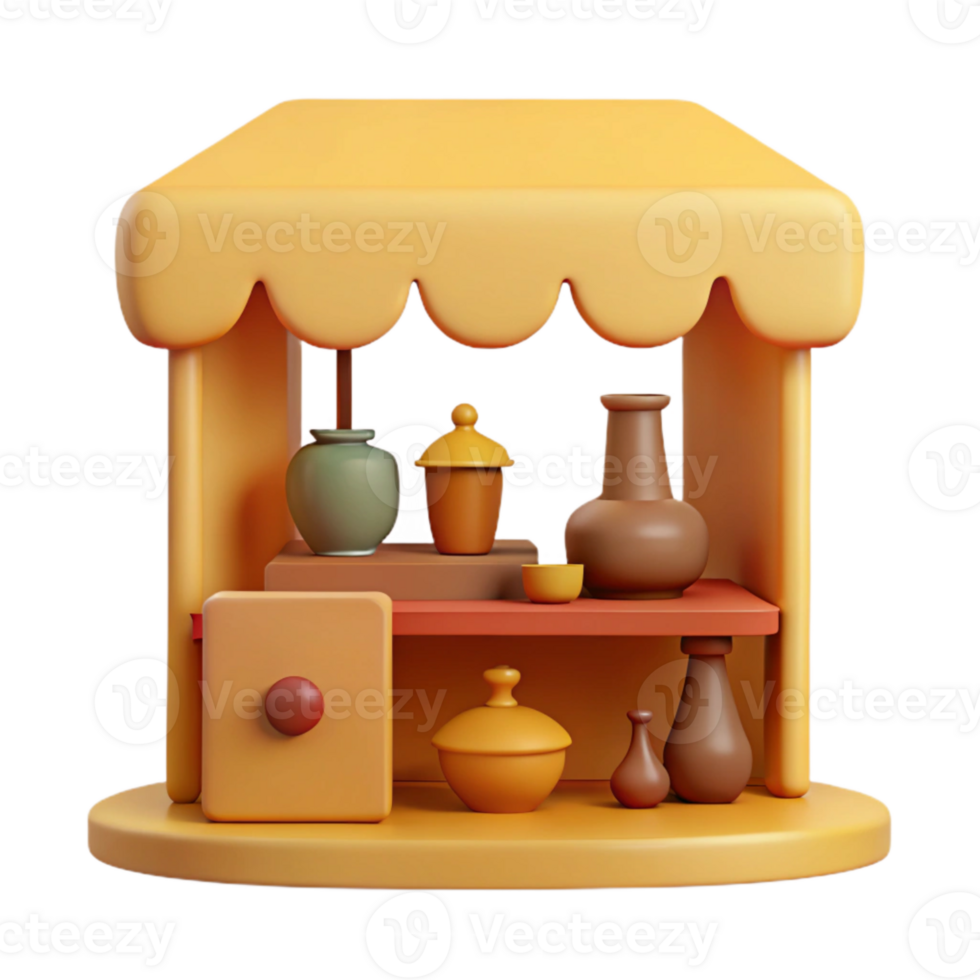 3D Render of a Small Market Stall with Pottery png