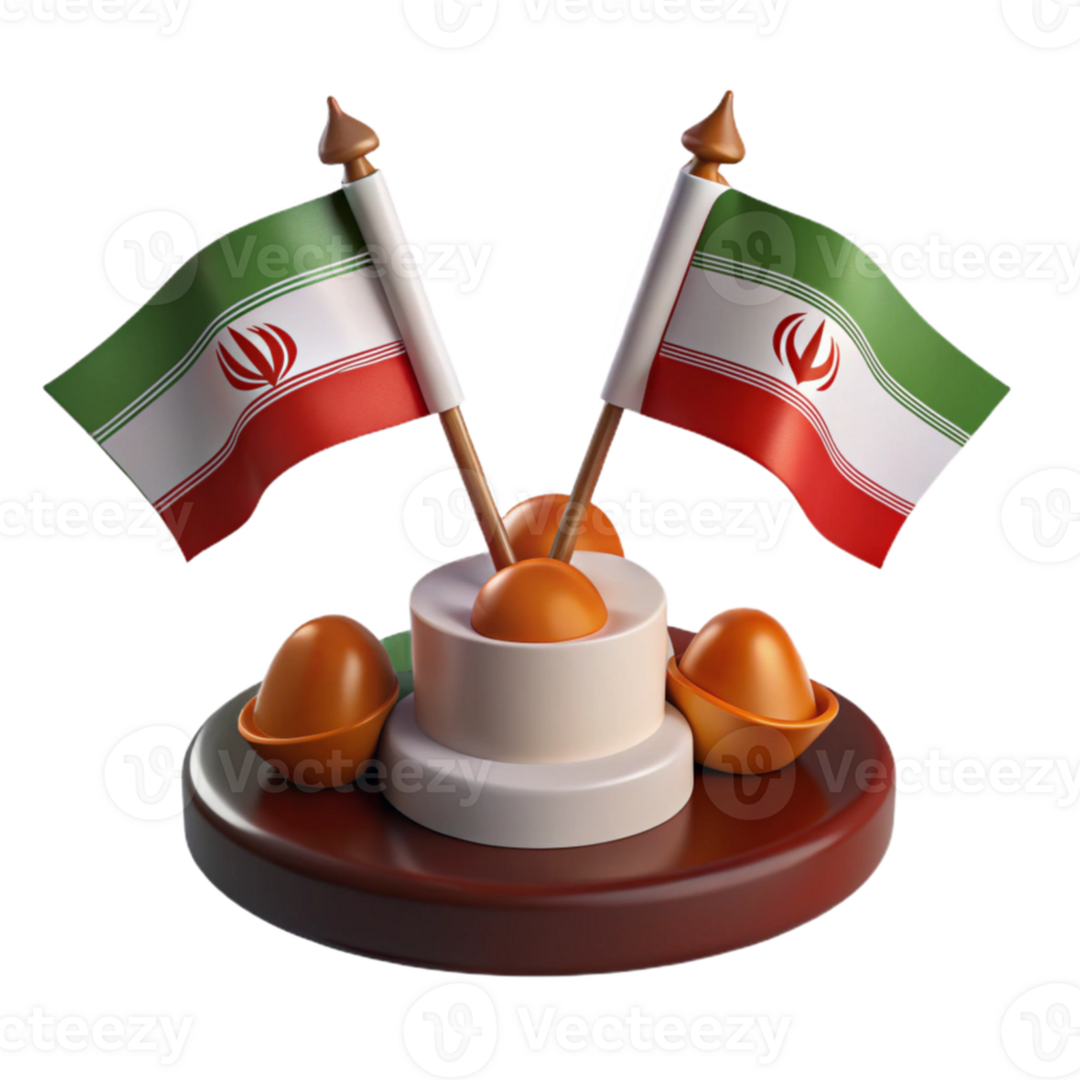 3D Render of Two Iranian Flags on a Stand with Decorative Eggs png