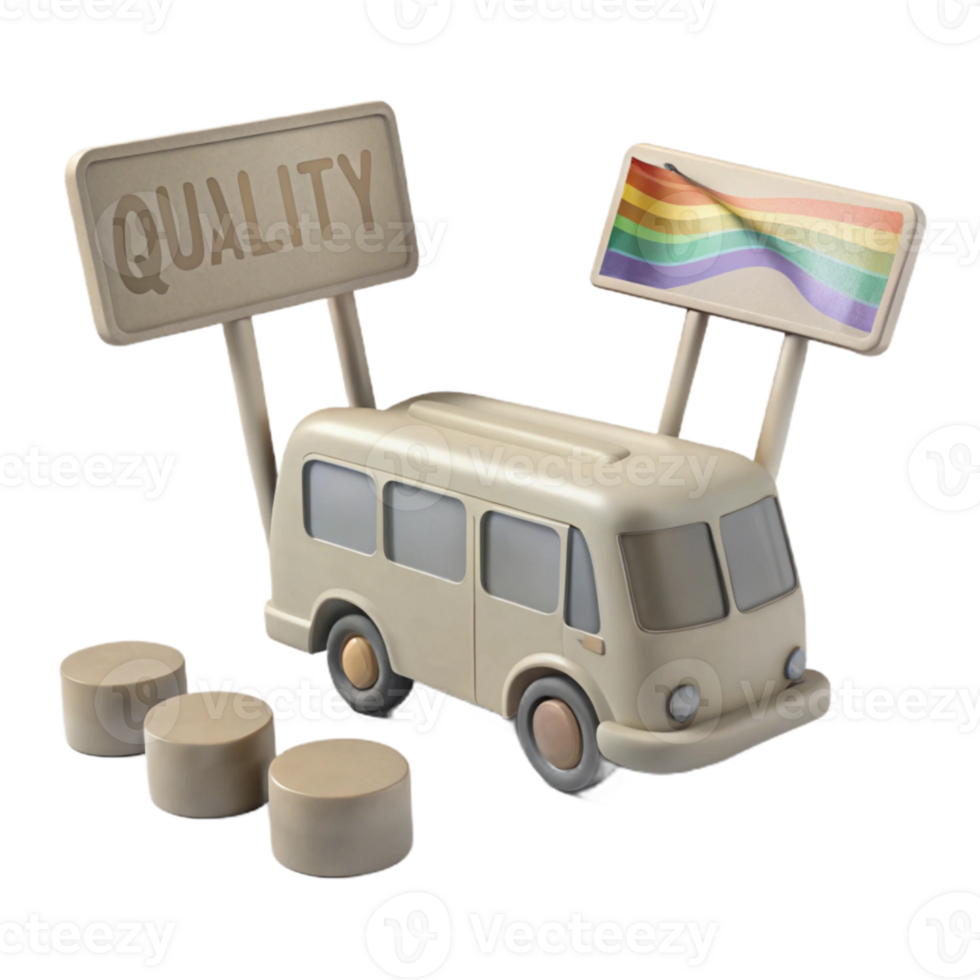 Pride Bus with Quality Sign and Rainbow Flag png