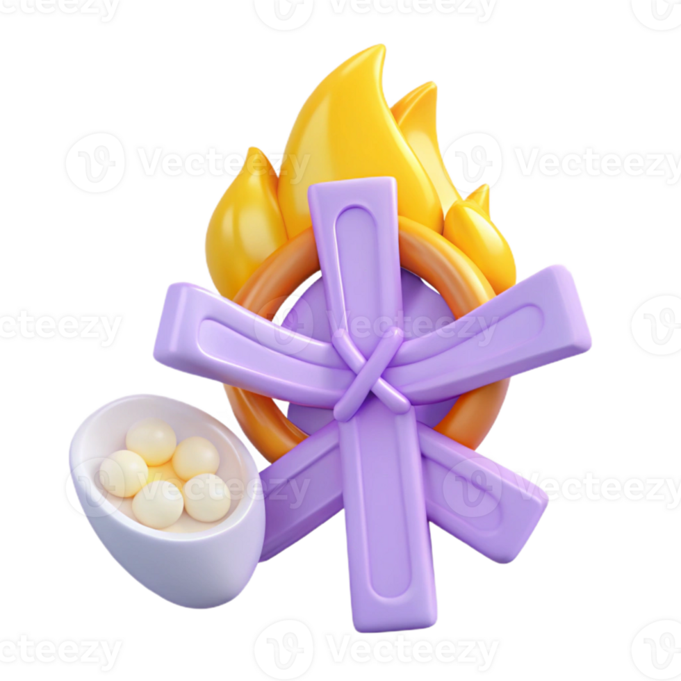 3D Render of a Purple Bonfire with Yellow Flames and a Bowl of Round Objects png