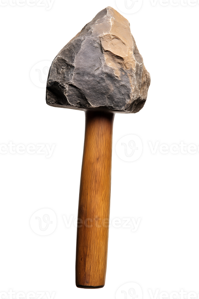 close-up of an early human stone carving tool with wooden handle on isolated background png