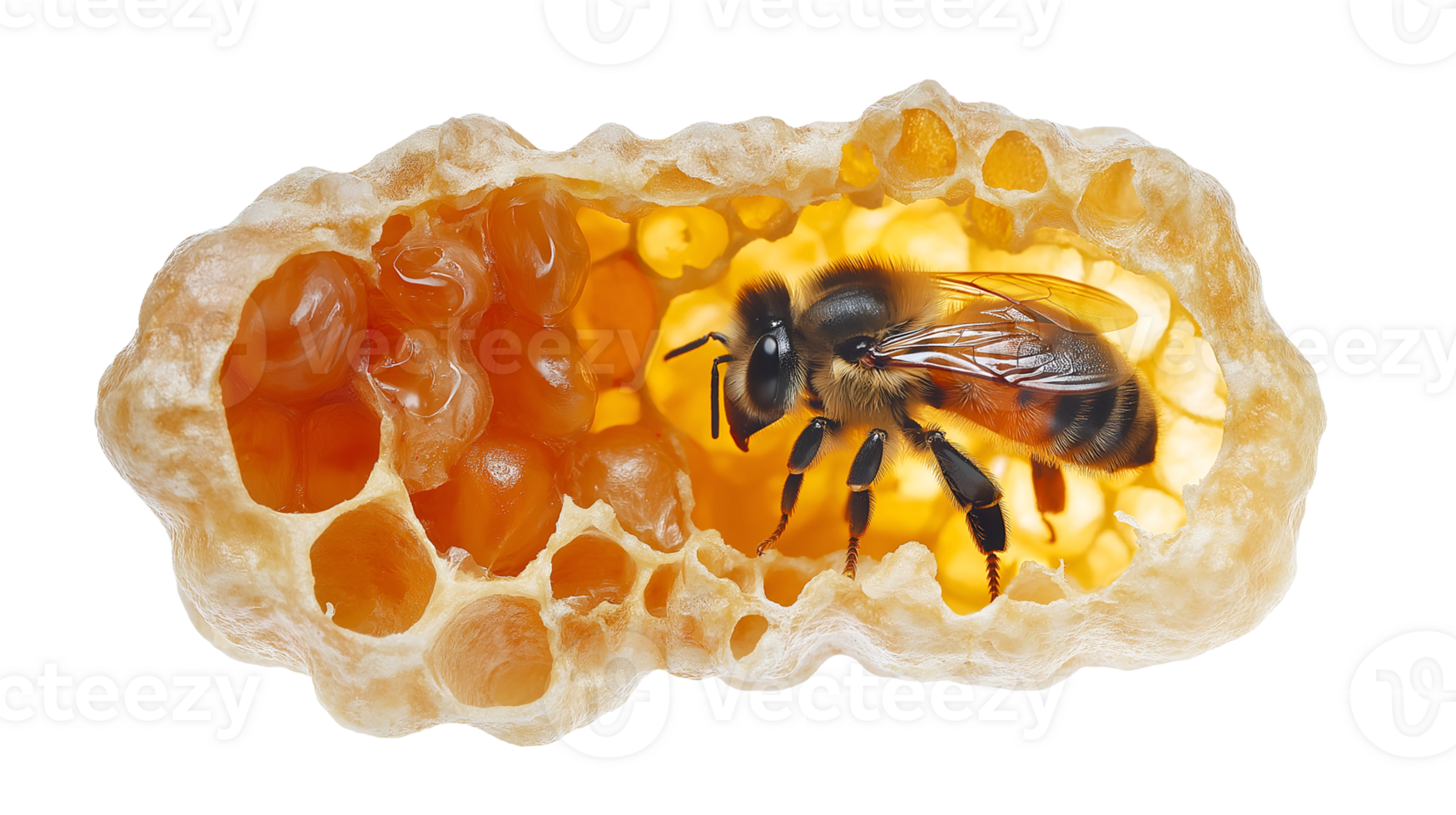 close-up of a honeybee pupa inside wax cell with intricate honeycomb details on isolated background png