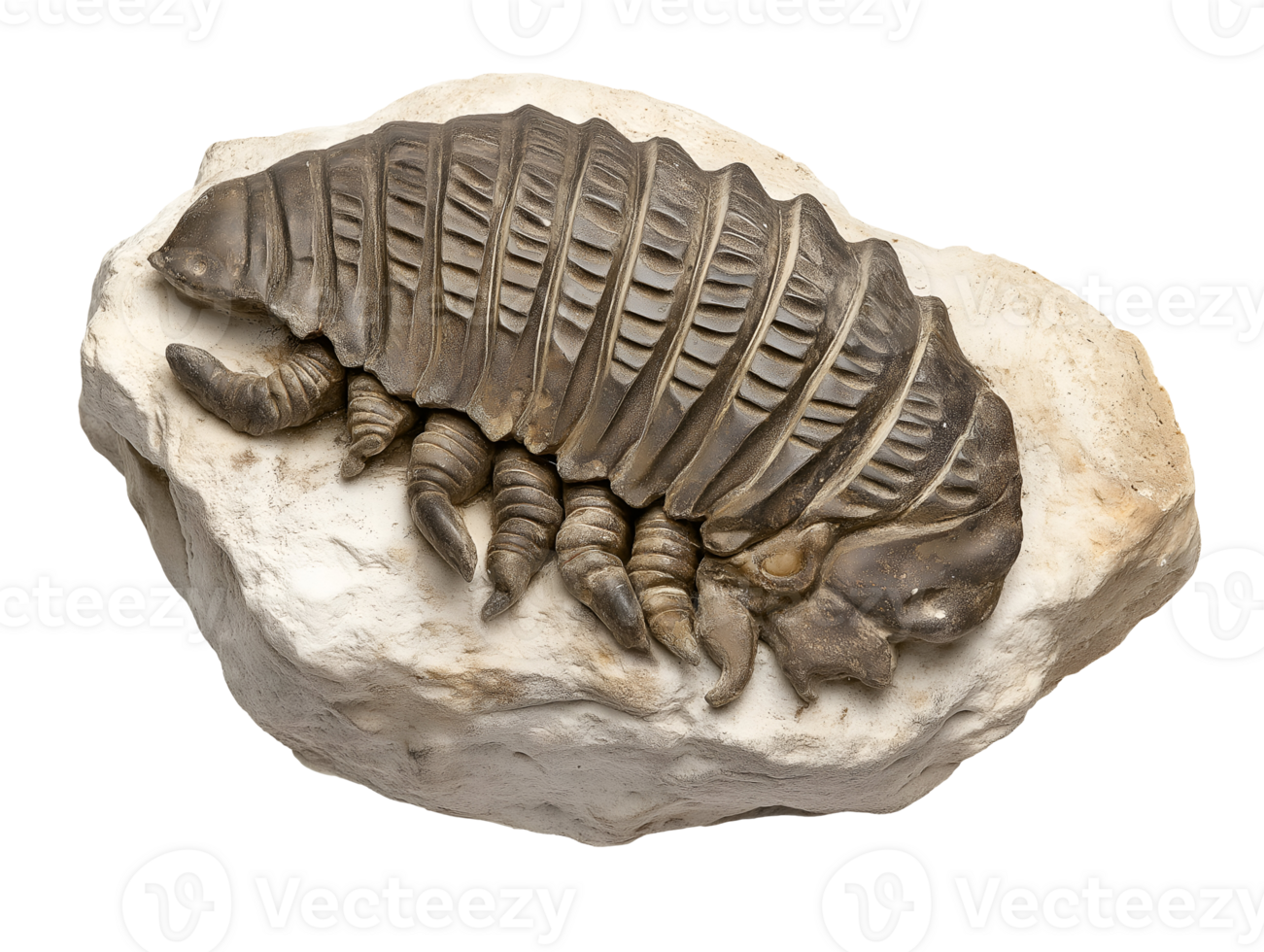 highly detailed trilobite fossil preserved in stone slab on isolated background png