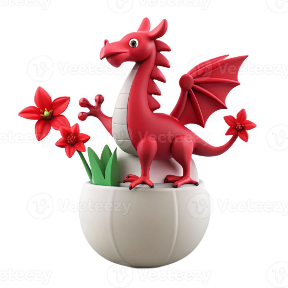 Cute Red Dragon Hatchling with Flowers png