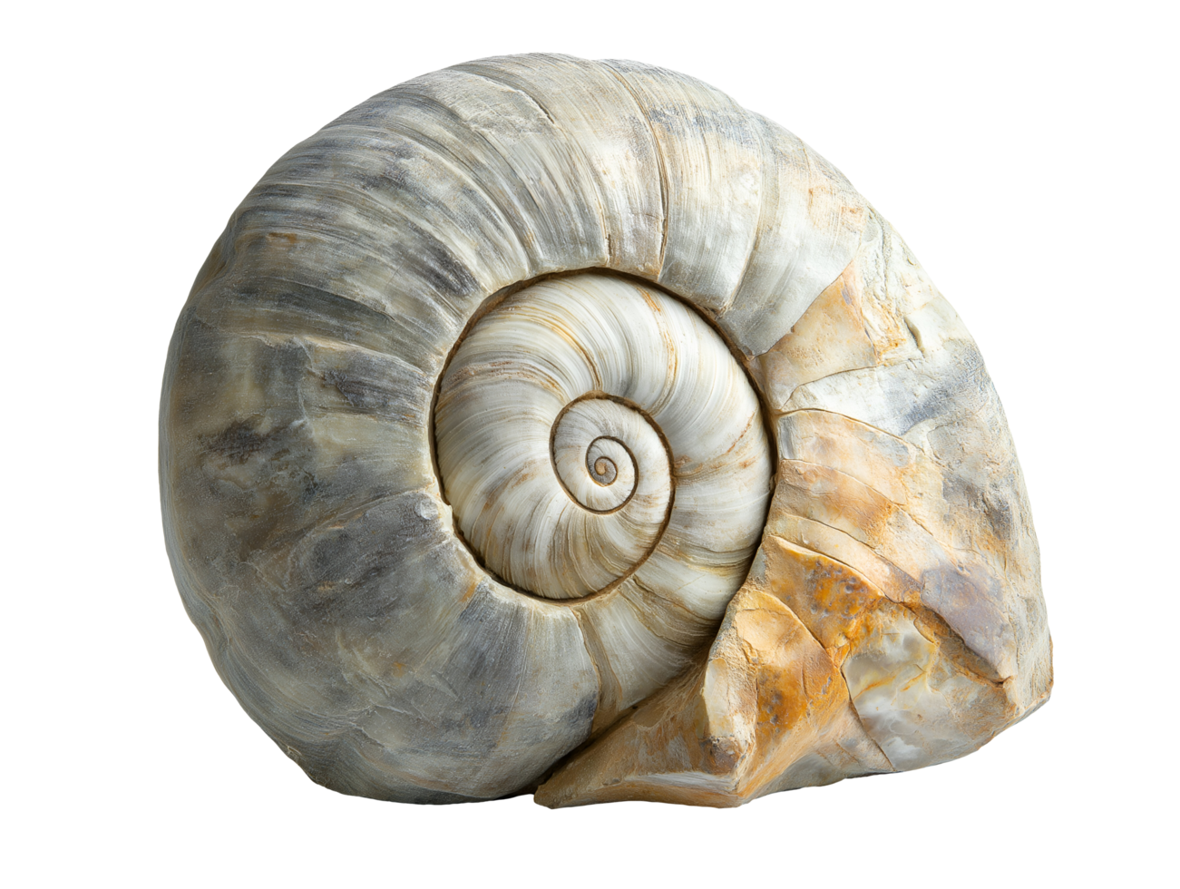 fossilized ammonite shell preserved in stone on isolated background showing intricate spiral structure and natural fossil detail png