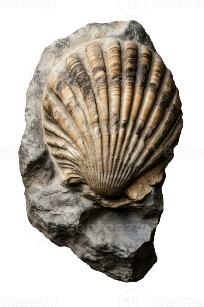 fossilized ridged seashell embedded in stone on isolated background showcasing detailed natural fossil structure and geological formation png