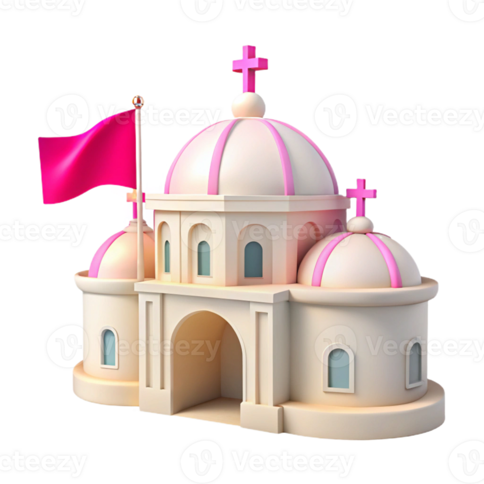 3D Cartoon Church Model with Pink Domes and a Red Flag png