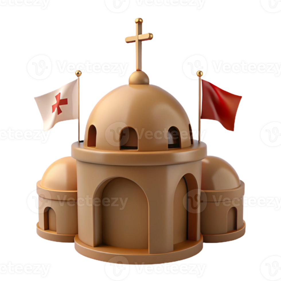 3D Render of a Church Building with a Cross and Flags png