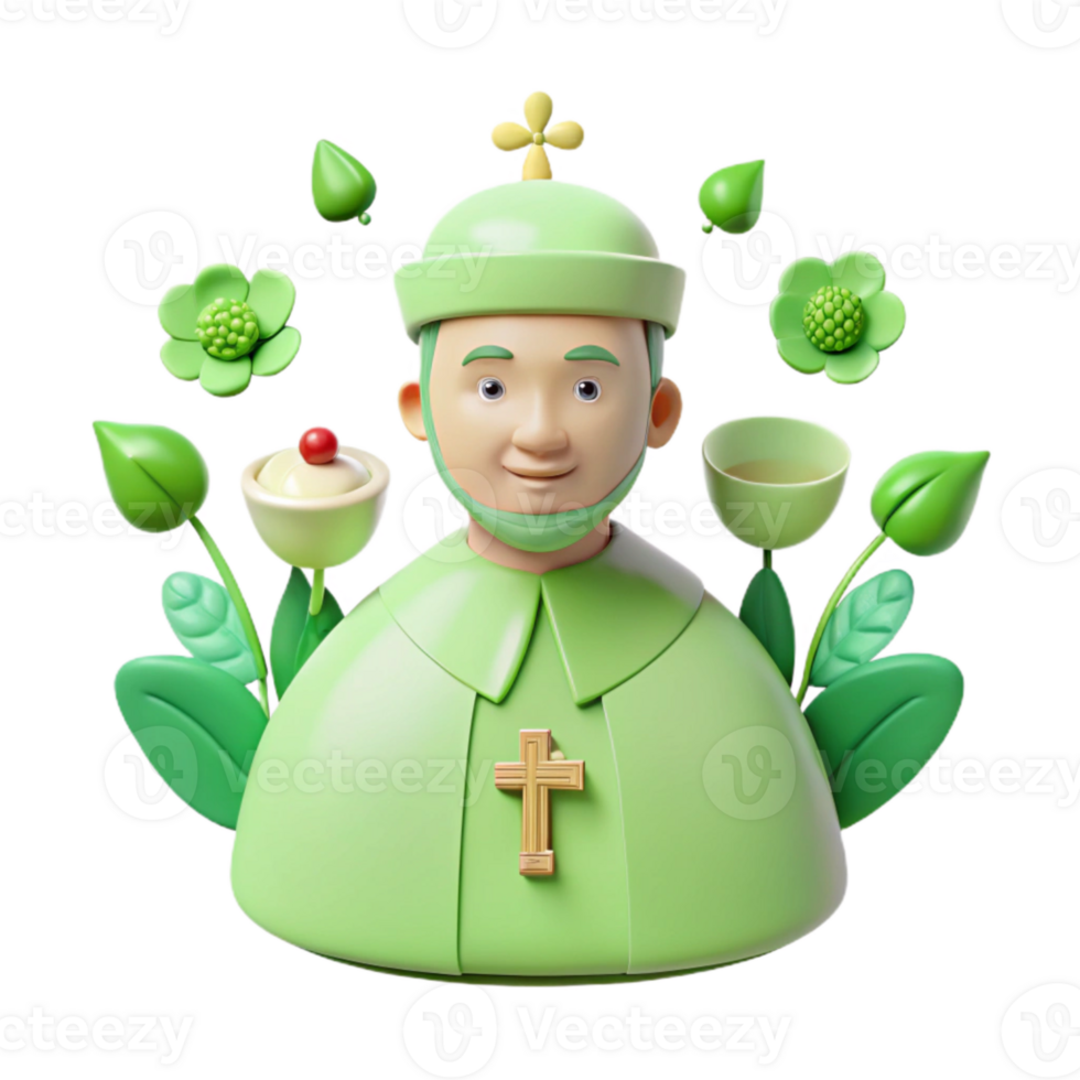 3D Render of a Smiling Person in Green Robes and a Cross png