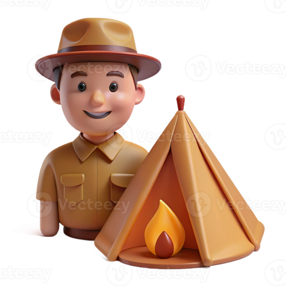 Smiling Camper with Campfire in Tent png