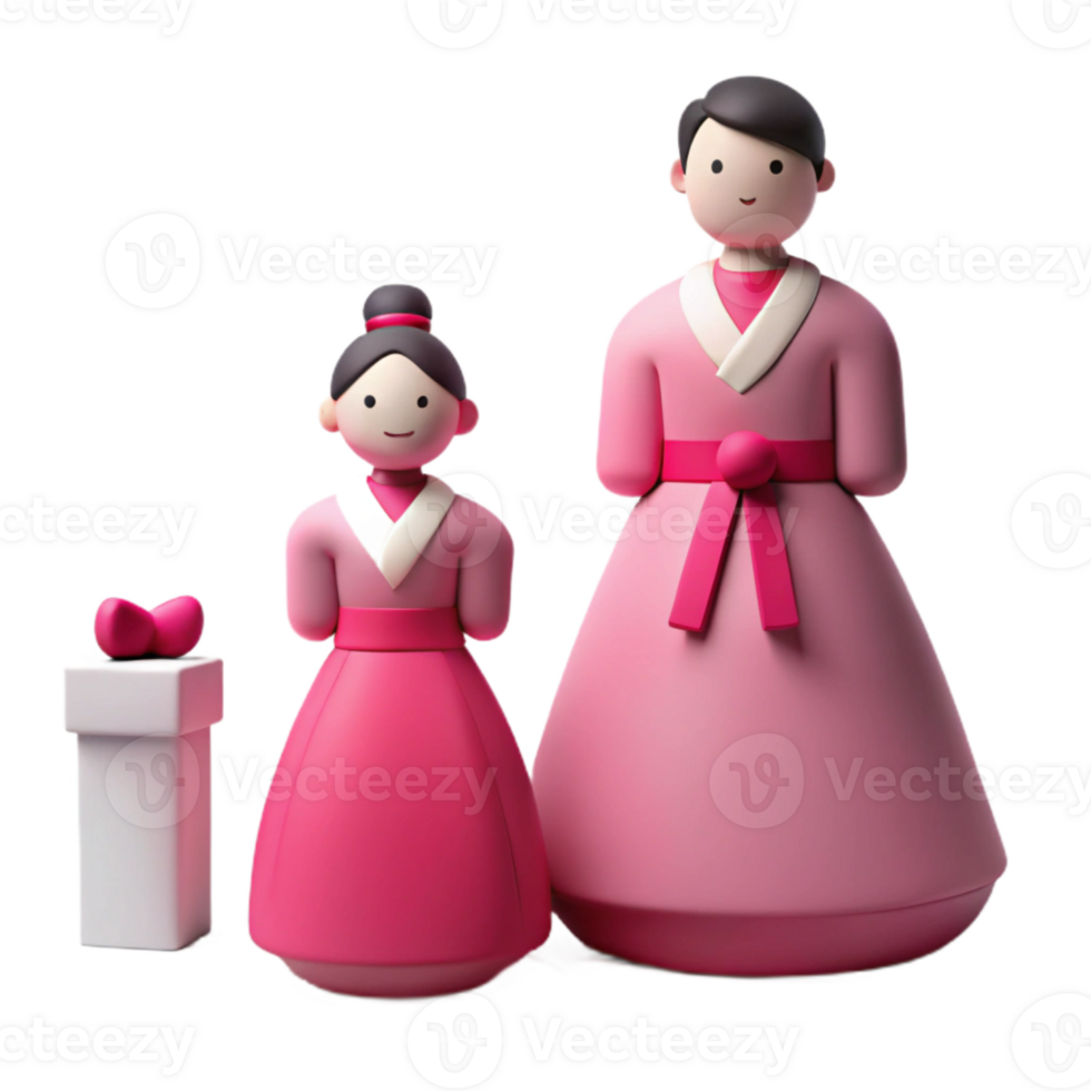 Cute Cartoon Couple in Traditional Korean Clothing png