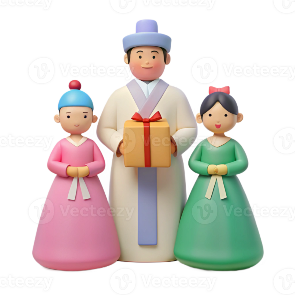 Family in Traditional Korean Clothing Holding a Gift png