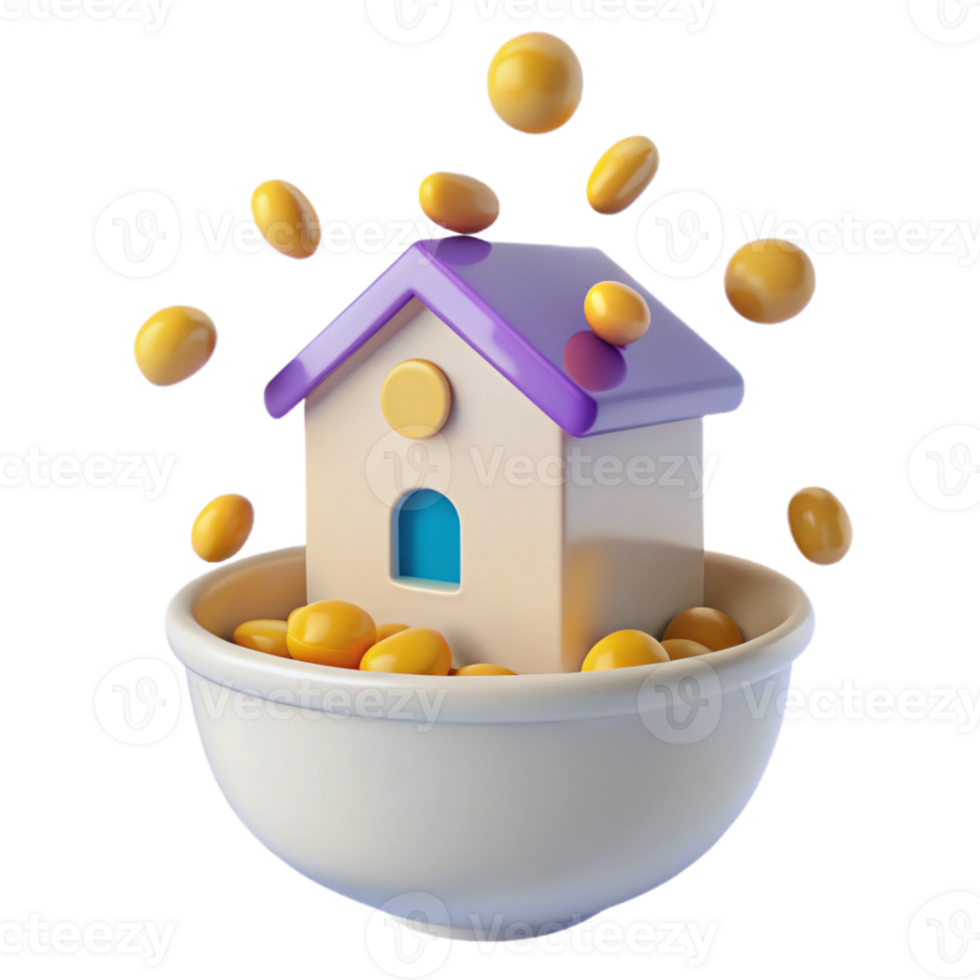 3D Render of a House in a Bowl Surrounded by Gold Coins png