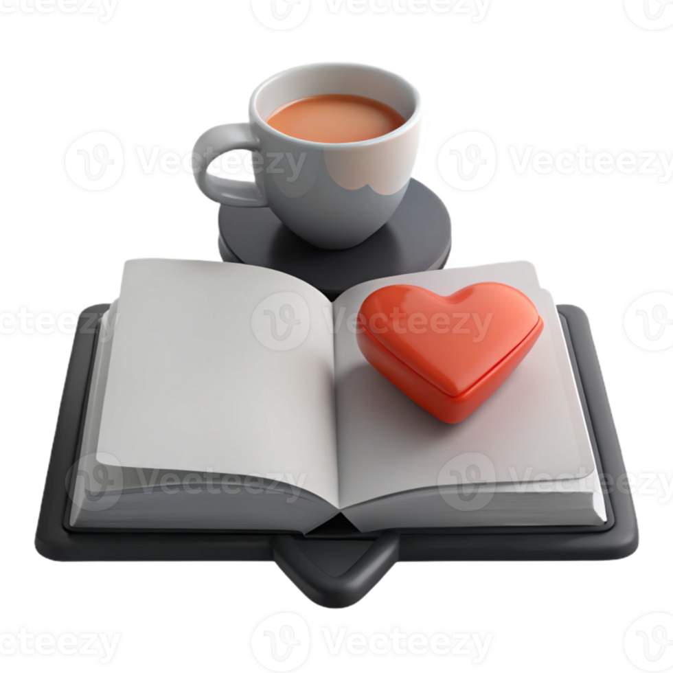 Open Book with a Cup of Tea and a Red Heart png