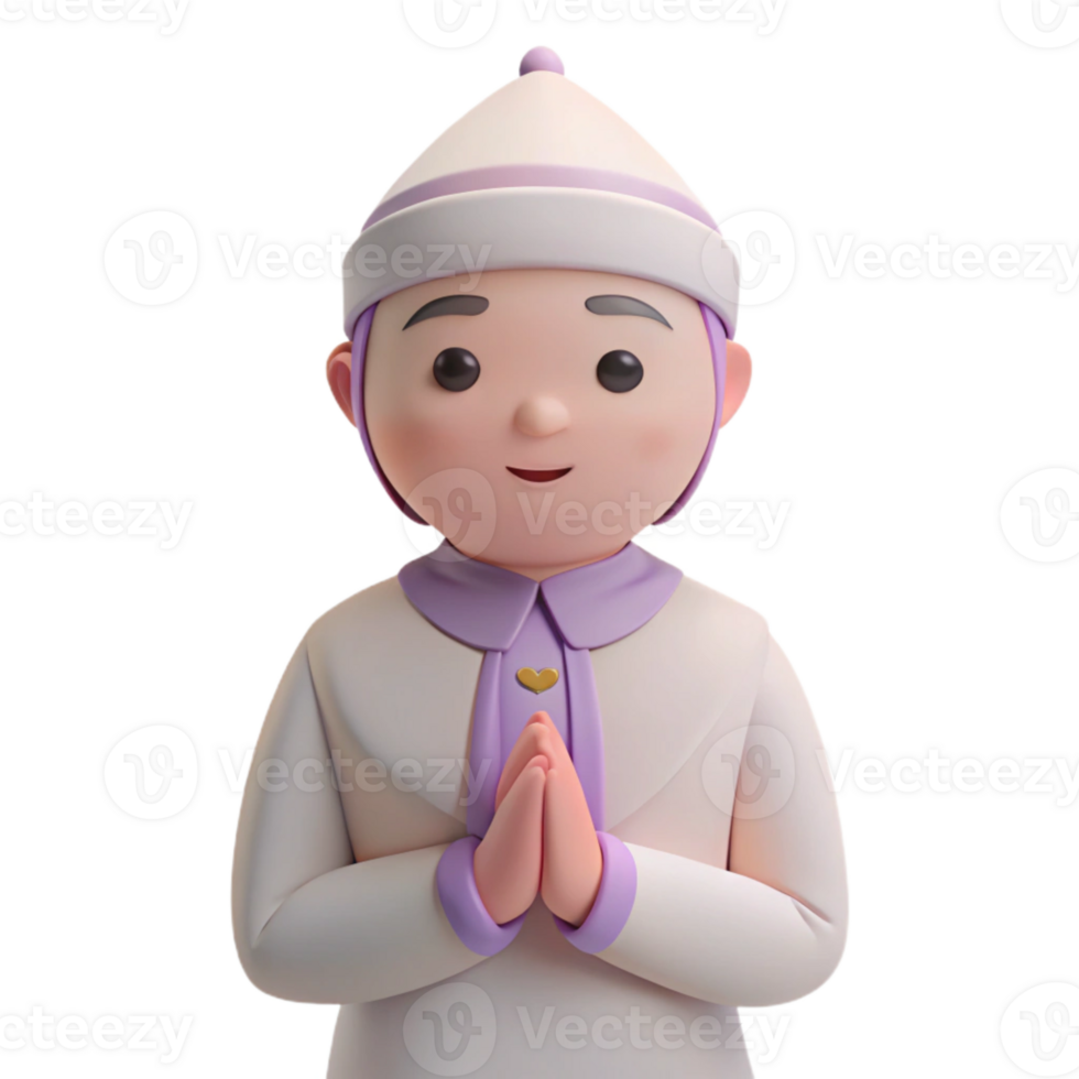 Smiling 3D Cartoon Character with Hands Clasped in Greeting png