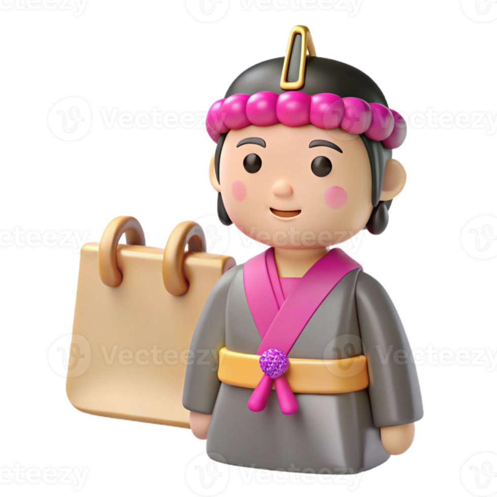 3D Cartoon Illustration of a Person in Traditional Asian Clothing with a Scroll png