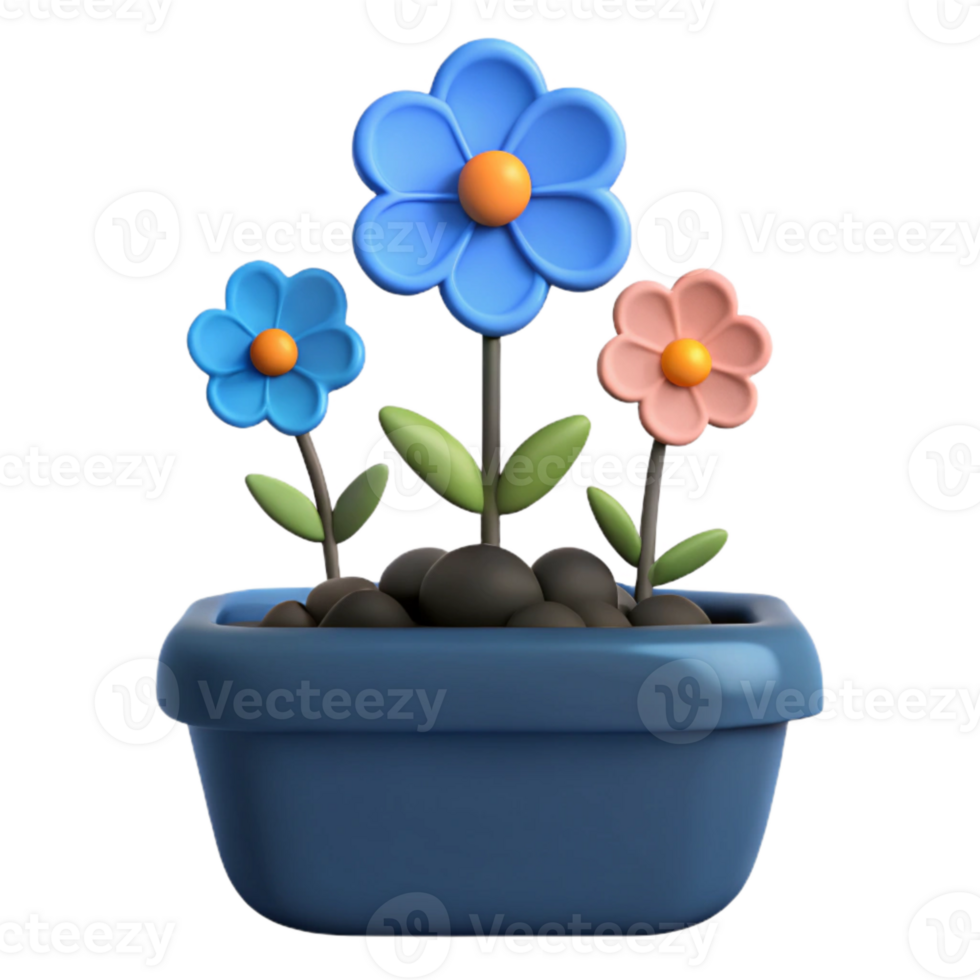 3D Render of a Flower Pot with Blue and Pink Flowers png