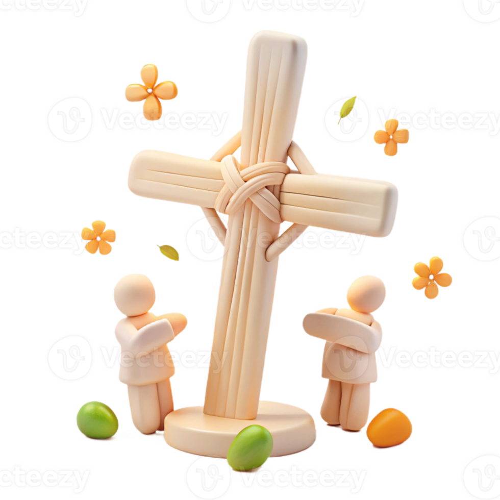 3D Rendered Illustration of Two Figures Praying Before a Wooden Cross png
