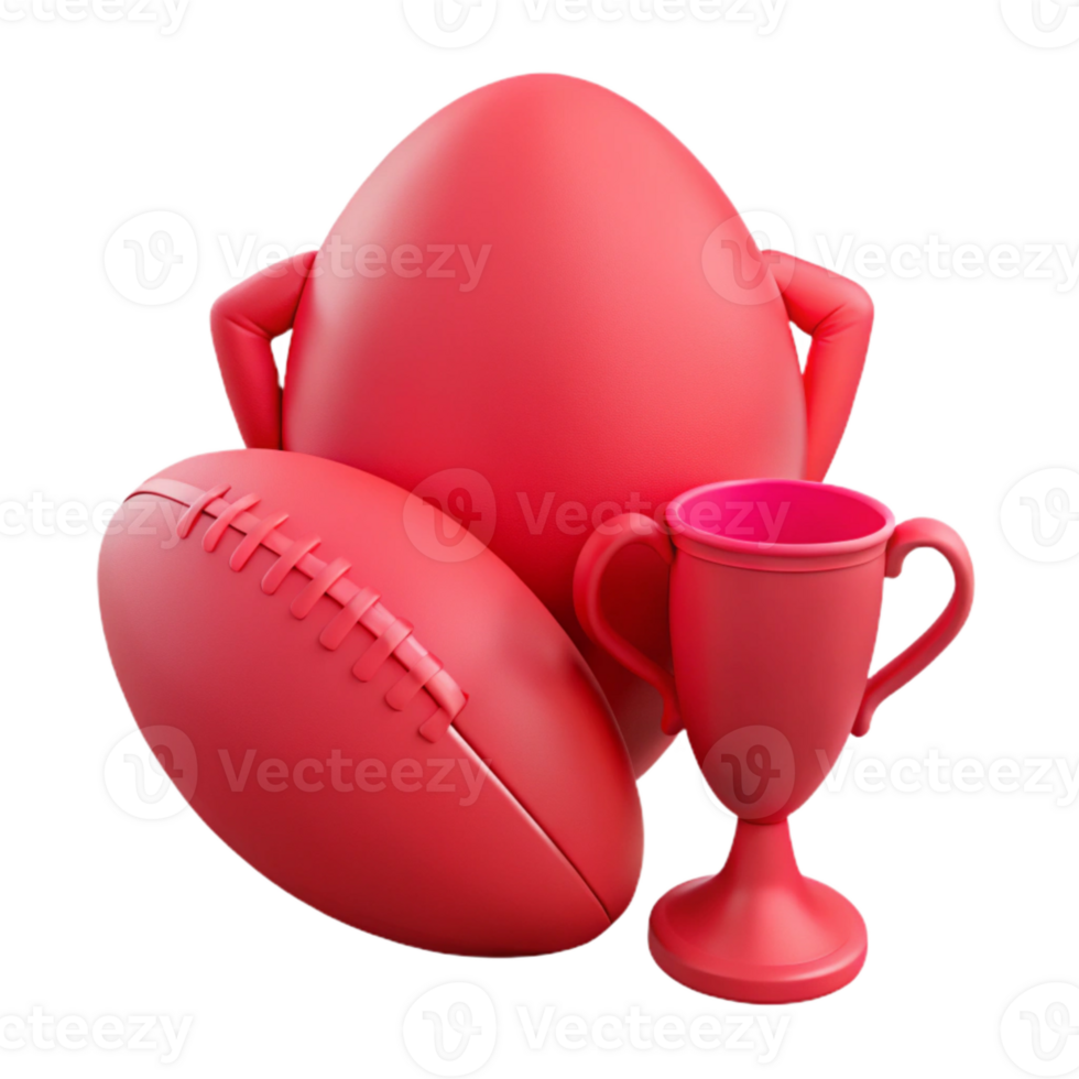 Red Egg, Football, and Trophy - Sports Themed 3D Render png
