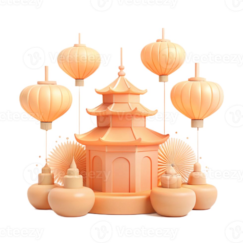 3D Render of a Chinese Pagoda with Lanterns png