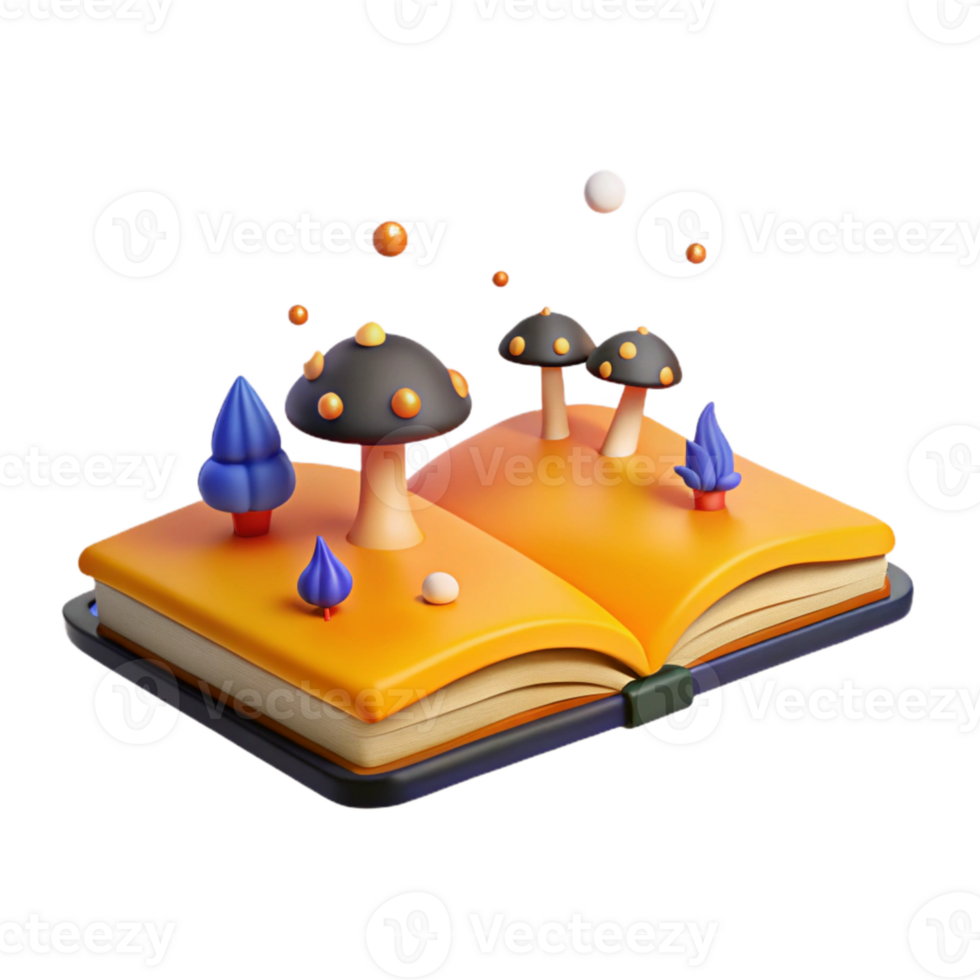 3D Illustration of an Open Book with Mushrooms and Trees png