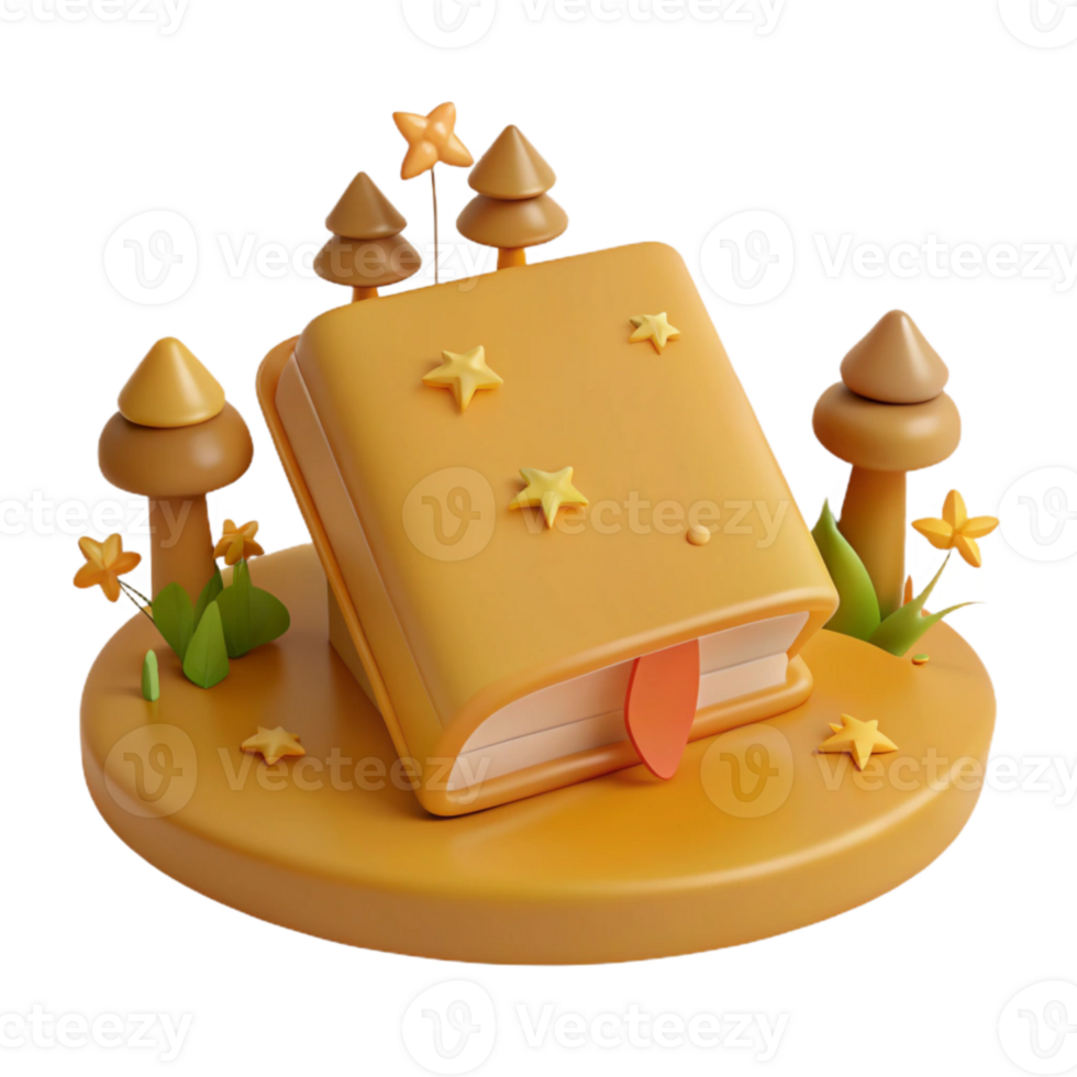 3D Book Illustration with Mushrooms and Stars png