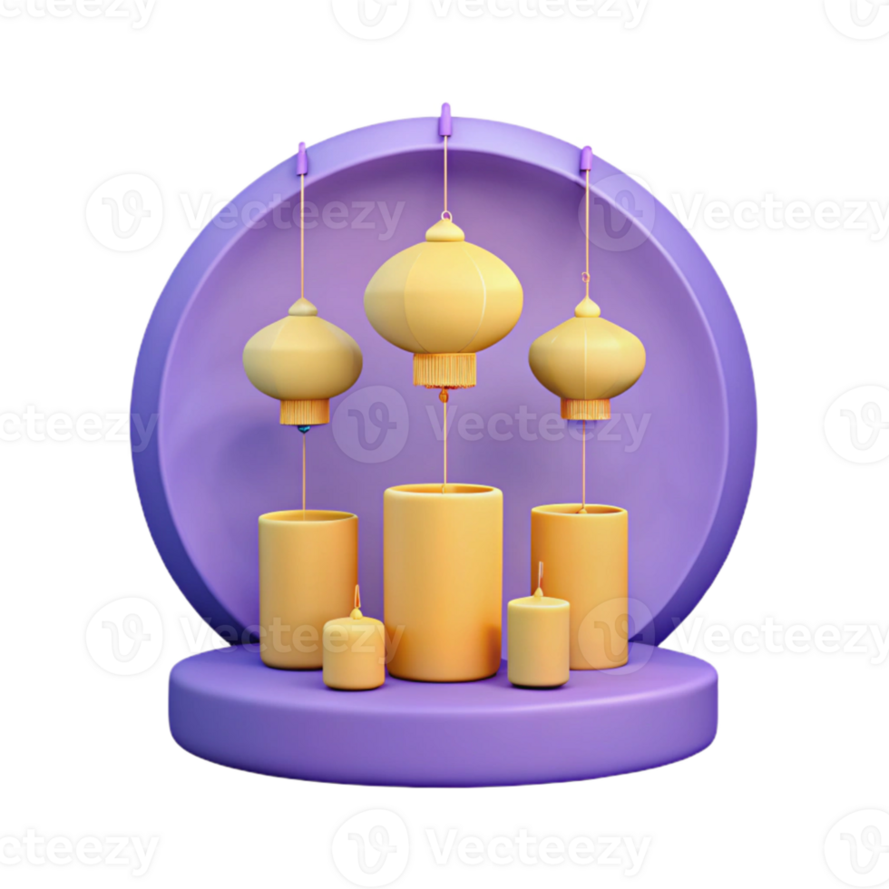3D Render of Hanging Lanterns and Candles on a Purple Platform png