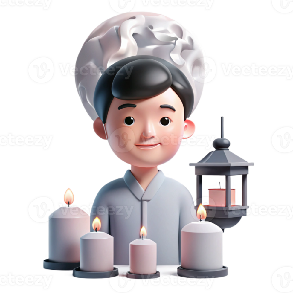 3D Render of a Person With a Lantern and Candles png