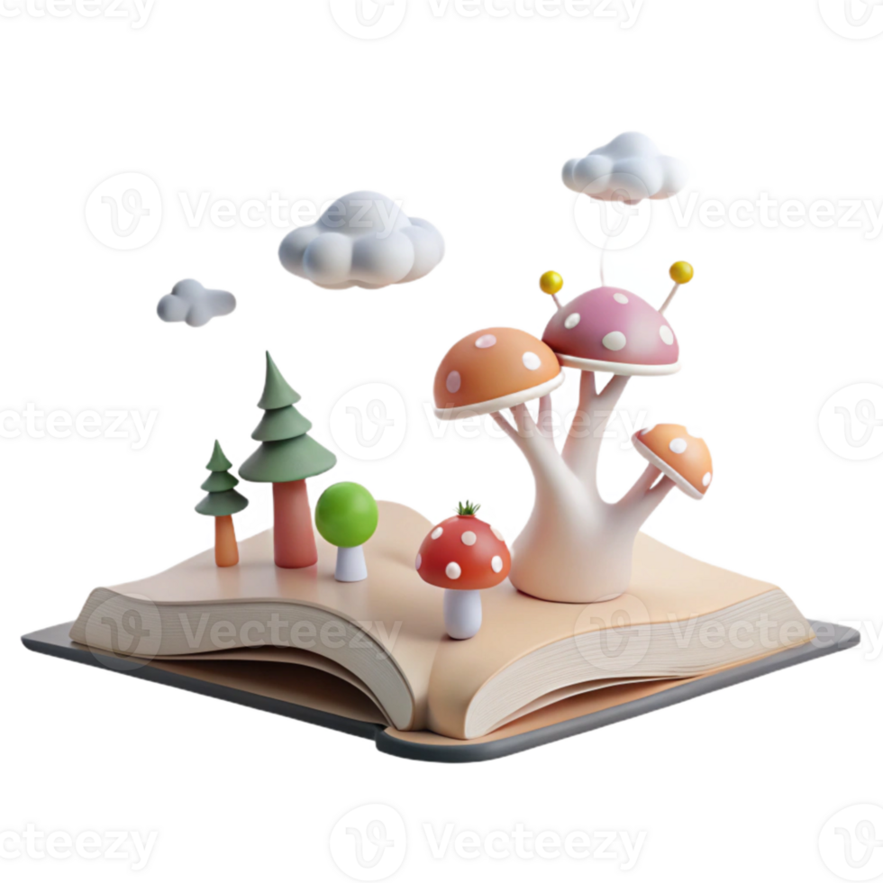 Open Book with Mushrooms, Trees, and Clouds png