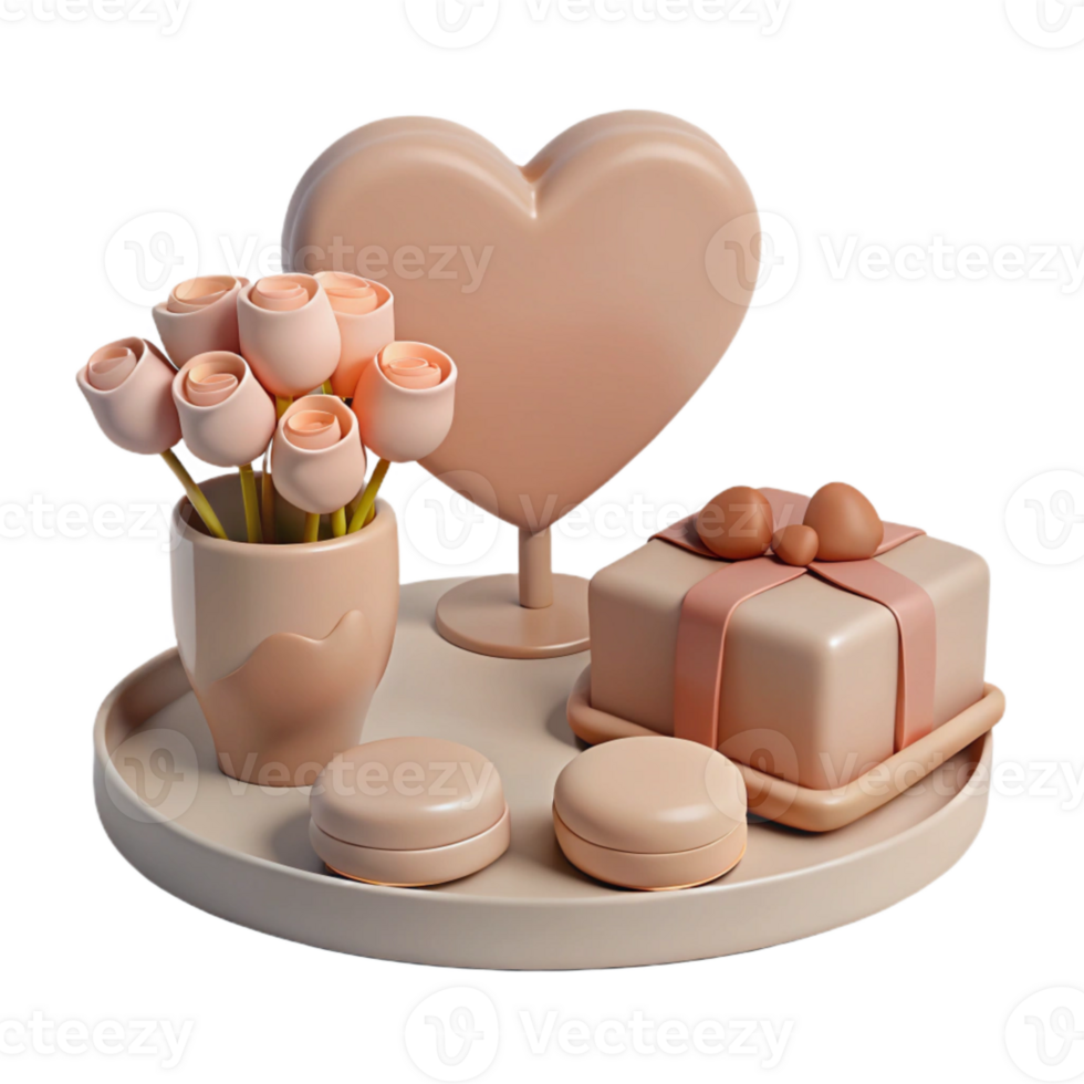 Romantic 3D Render with Roses, Gift, and Heart png