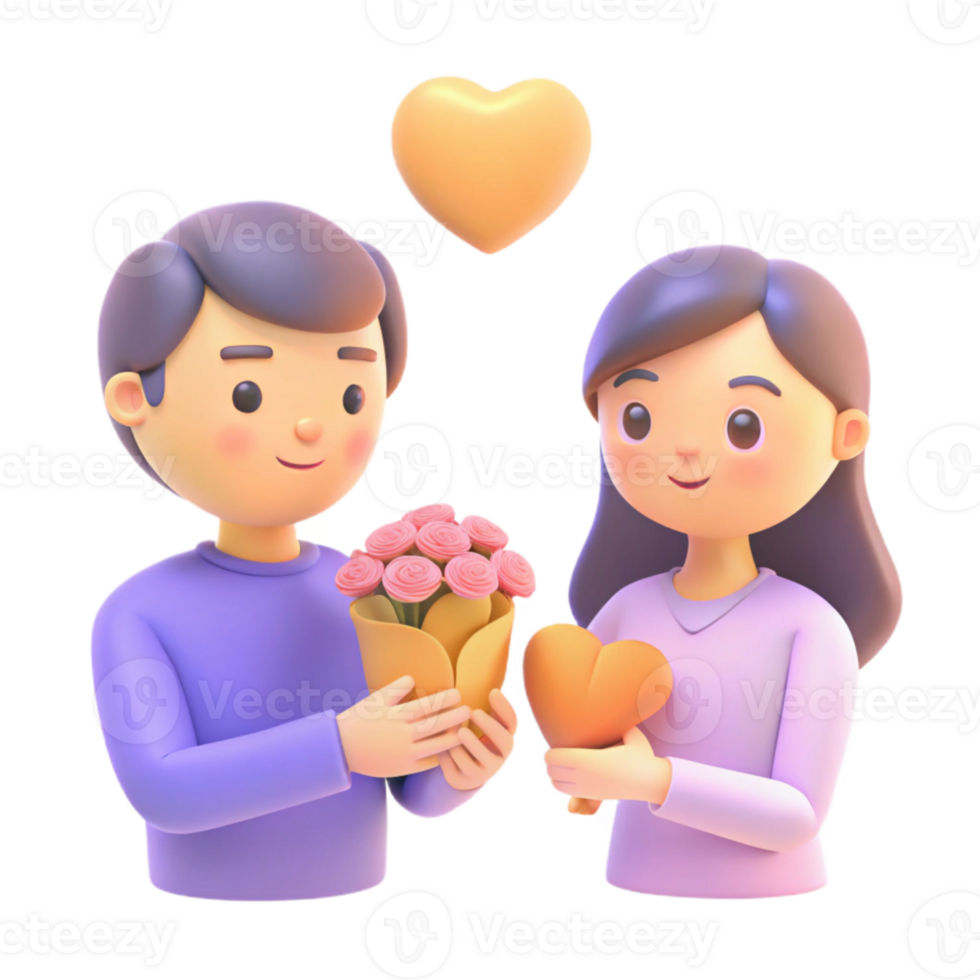 Cute Couple 3D Illustration Man Giving Flowers to Woman png