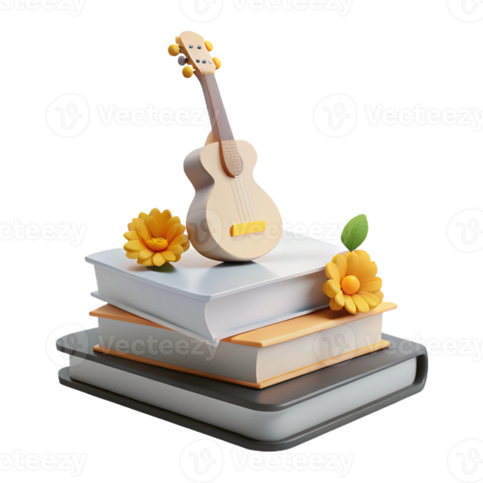 Stack of Books with a Guitar and Flowers png