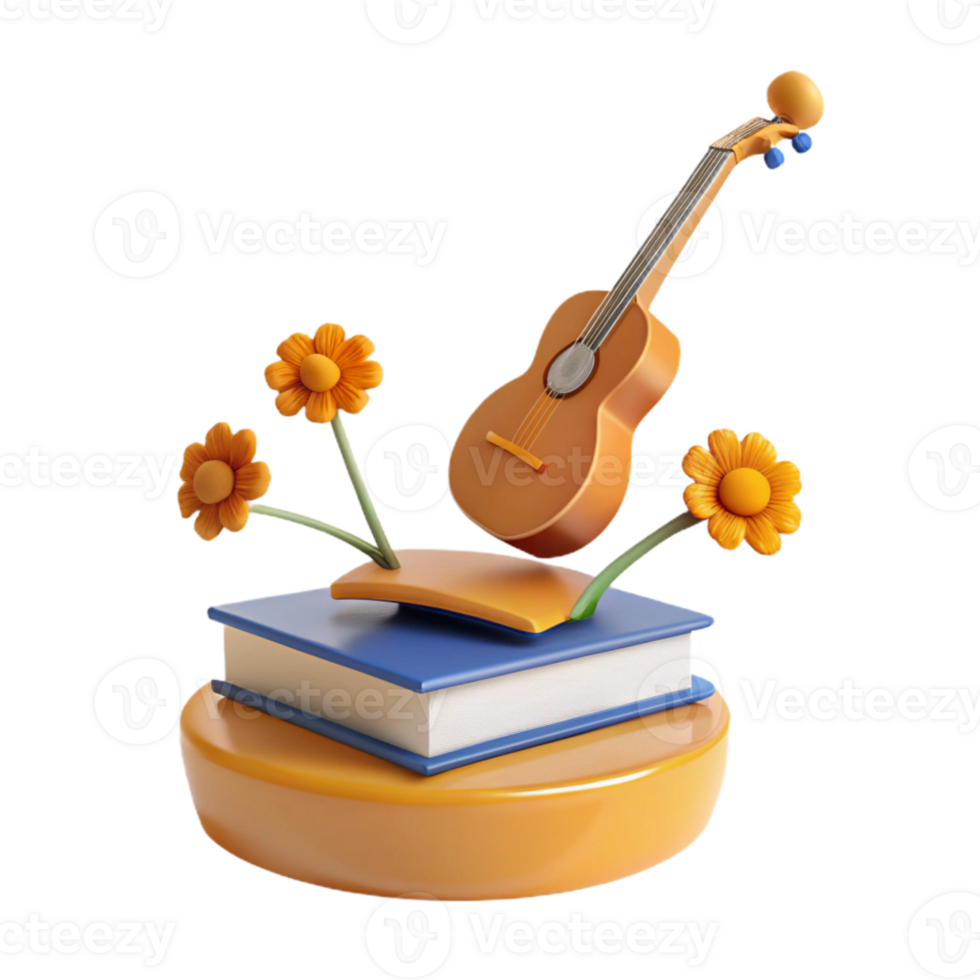 guitarra, flores, e livros uma 3d ilustração png