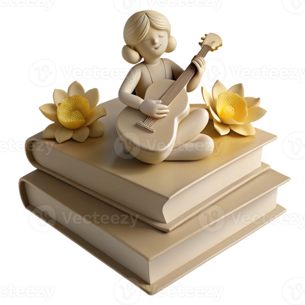 Figurines of Girl Playing Guitar with Books and Flowers png