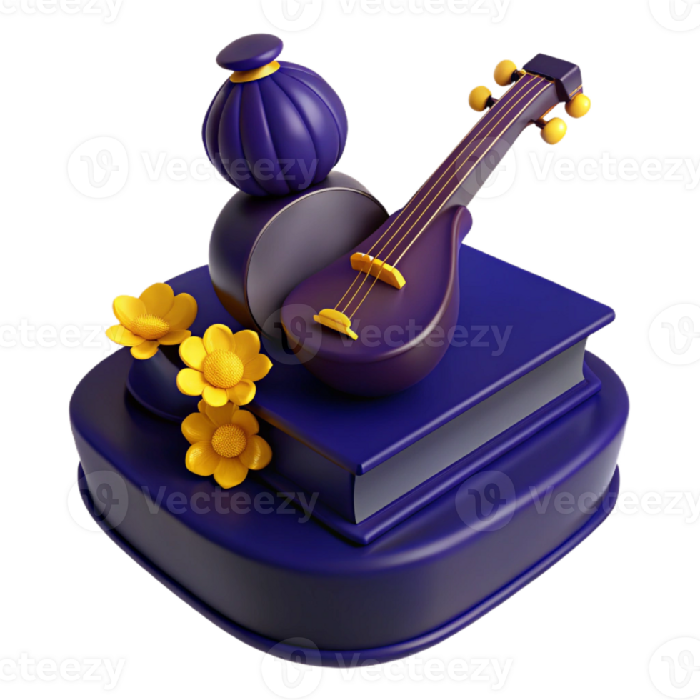 3D Render of a Musical Instrument, Flowers, and Books png