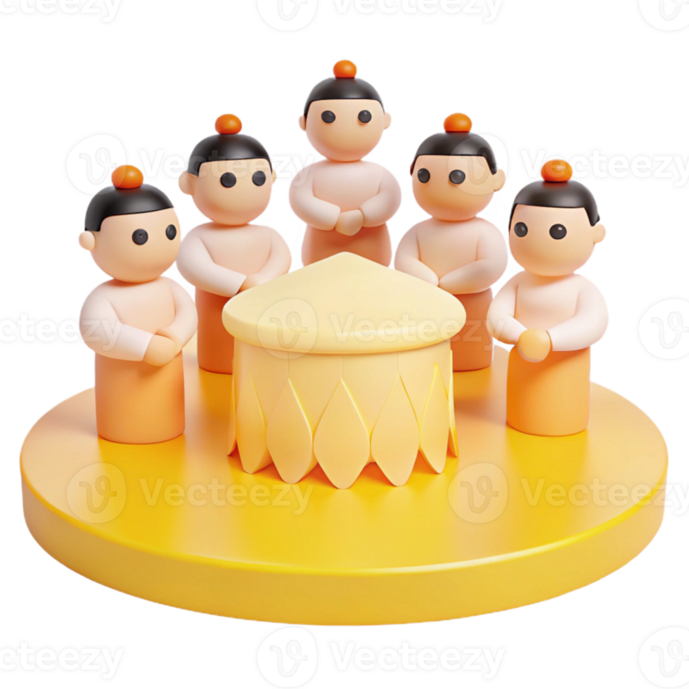 Five 3D Characters Gathered Around a Circular Structure png
