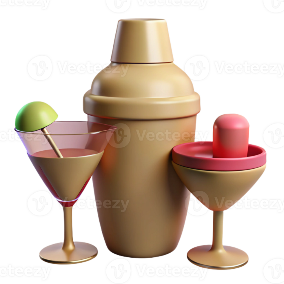 Cocktail Shaker and Glasses 3D Render png