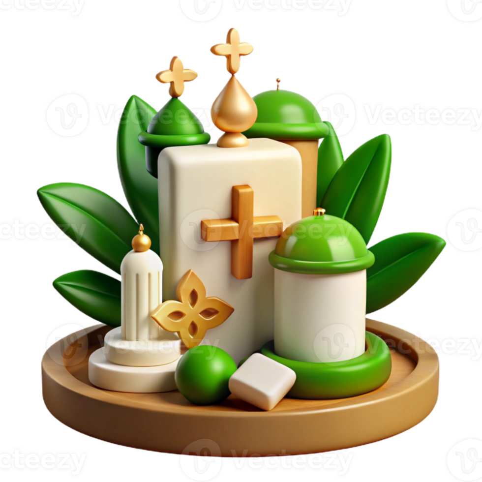 3D Illustration of Religious Symbols with Green Foliage png