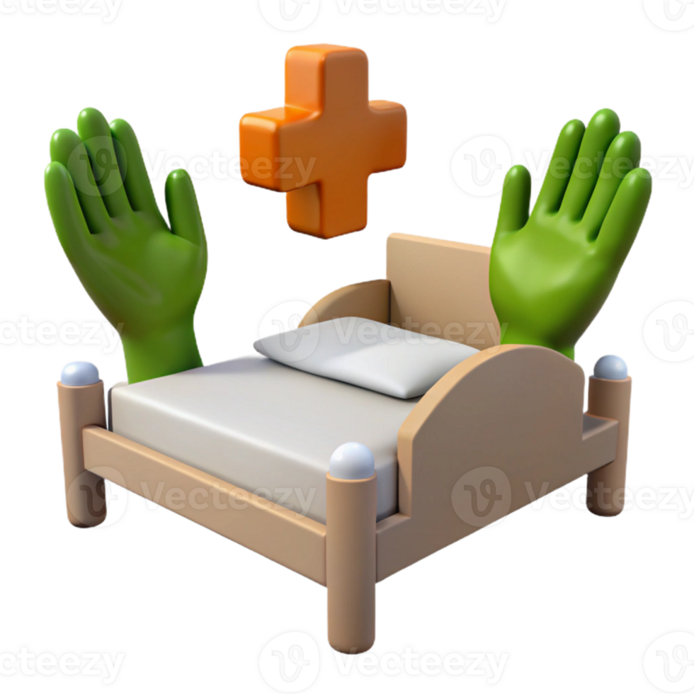 3D Render of a Bed with Hands Reaching Up and a Plus Sign png