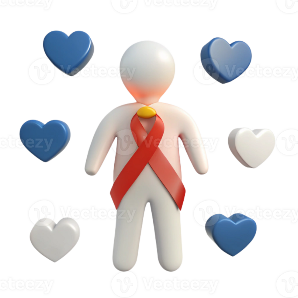 3D Render of a Person with a Red Ribbon and Blue Hearts png