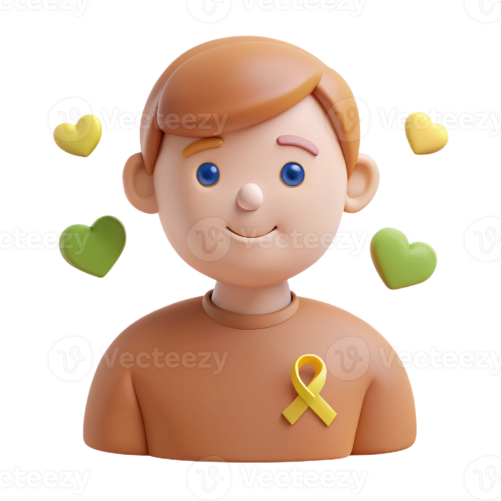 Smiling 3D Cartoon Boy with Yellow Ribbon and Hearts png