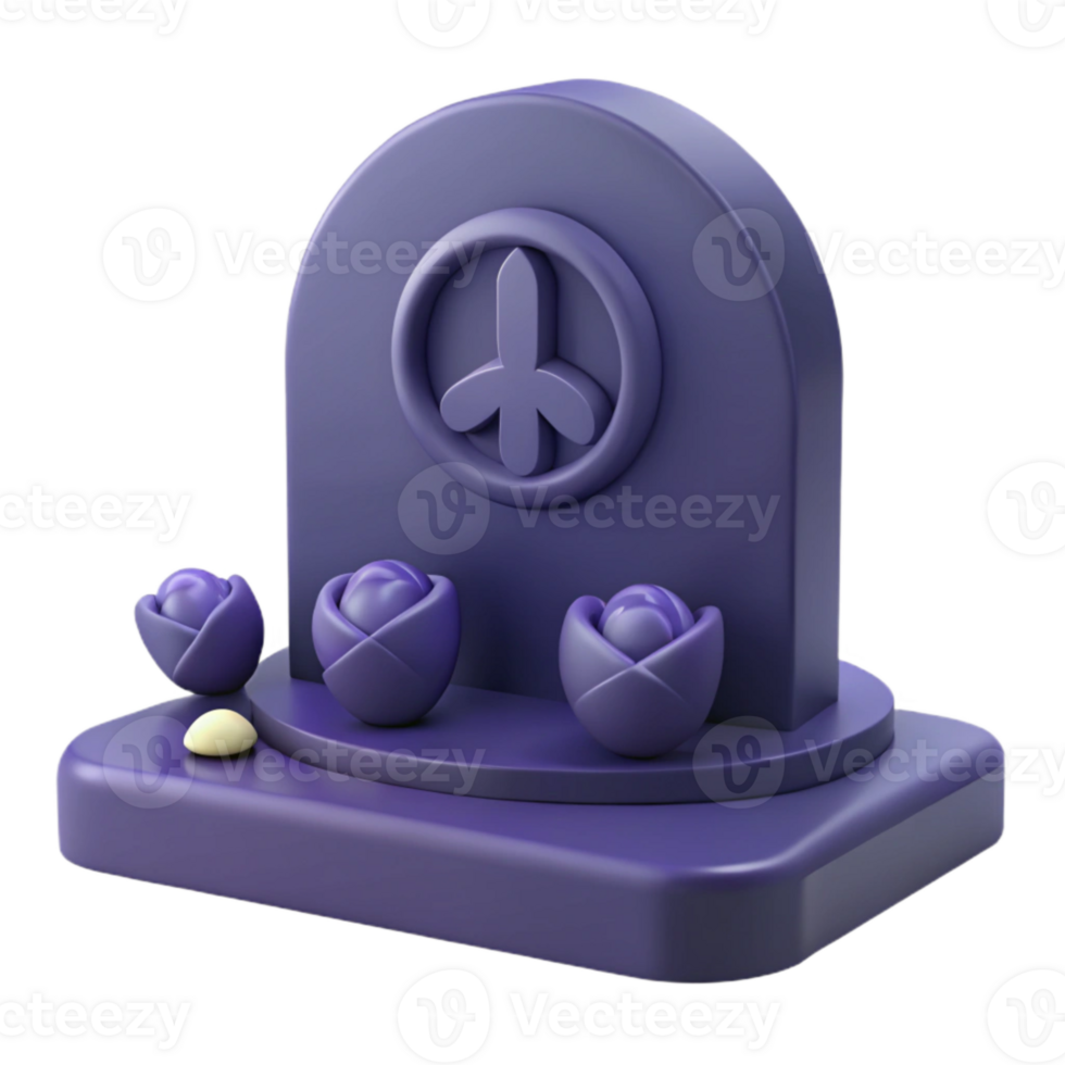 Purple 3D Rendered Tombstone with Flower Symbol and Floral Decorations png