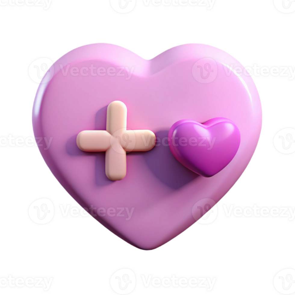 3D Render of a Pink Heart with a Plus Sign and a Smaller Pink Heart png