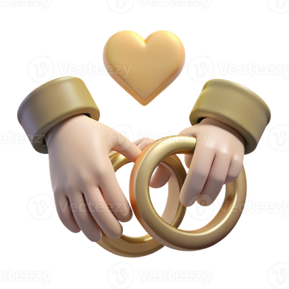 Two Hands Holding Gold Rings with a Heart Above png
