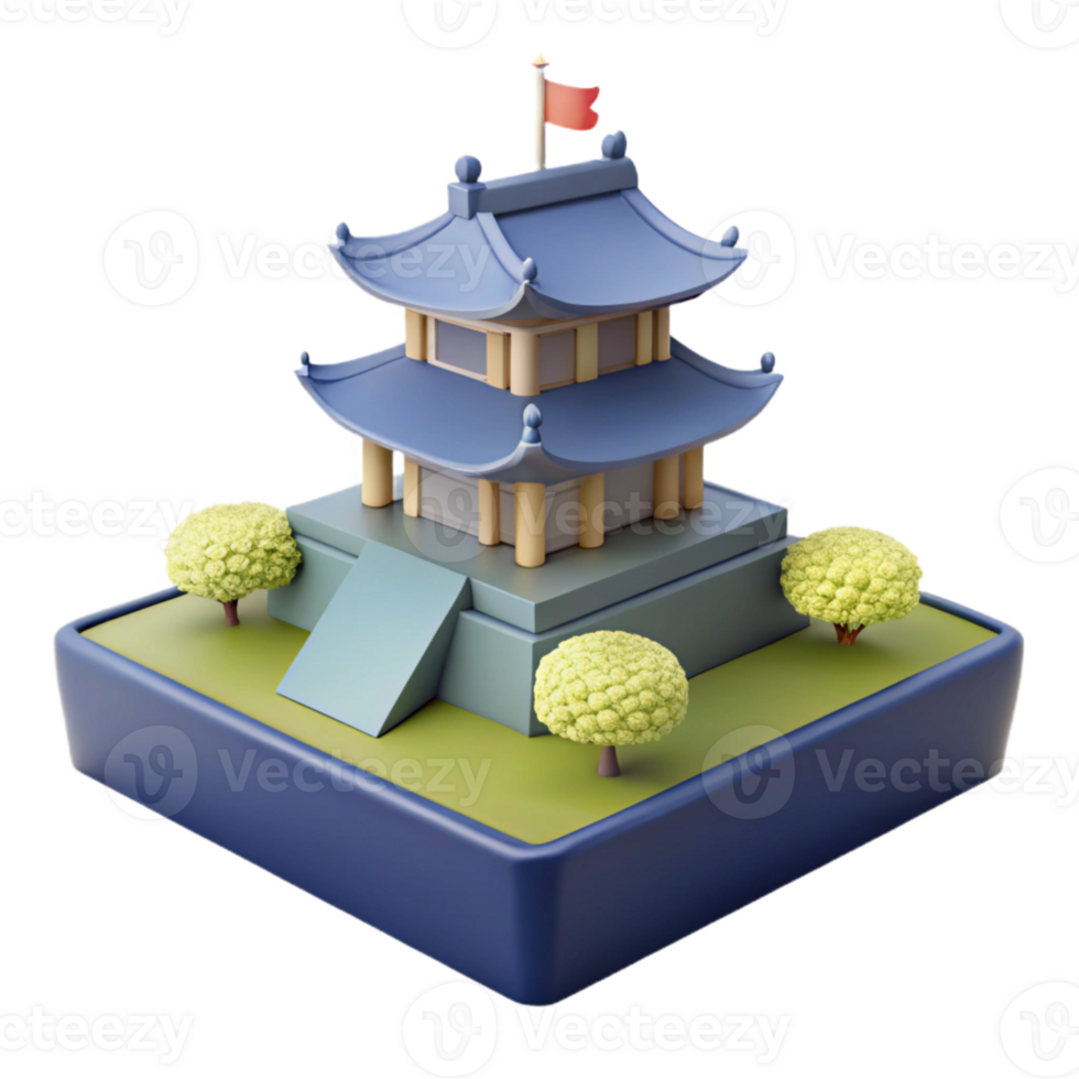 3D Render of a Blue Pagoda with Trees and a Red Flag png
